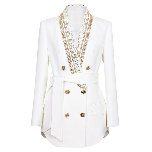 White double-breasted tailored blazer with gold accents