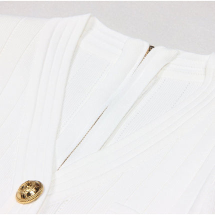 White Tailored Blazer Mini Dress with Gold Buttons and V-Neckline