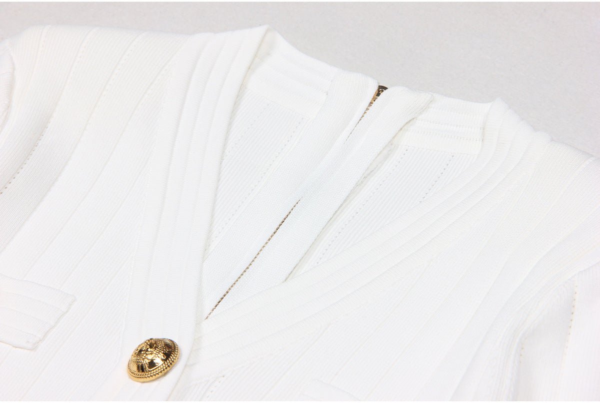 White tailored blazer-inspired mini dress with structured shoulders and gold-tone statement buttons