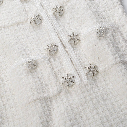 White Textured A-Line Dress with Button Detailing