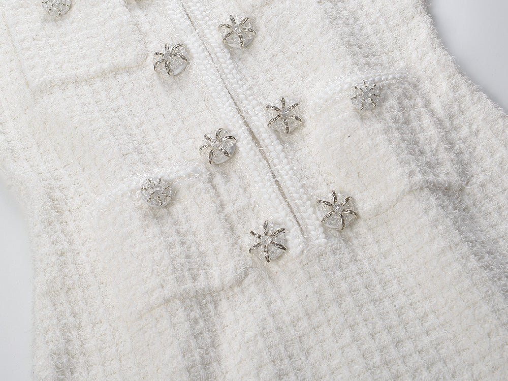 White Textured A-Line Dress with Button Detailing