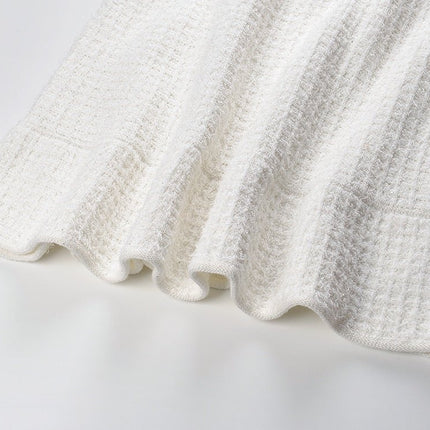 White Textured Fabric A-Line Dress with Button Detailing