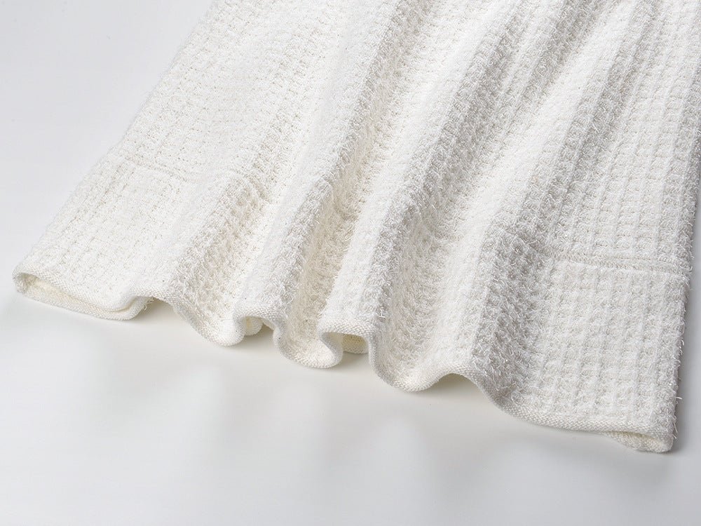 White Textured Fabric A-Line Dress with Button Detailing