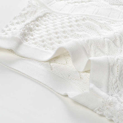 White textured knit A-line dress with button front and scalloped neckline