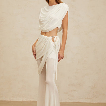 White Bateau Neck Sleeveless Ruched Detailing Cropped Top and High Rise Asymmetrical Design Flared Hem Trousers in 100% Terylene Fiber