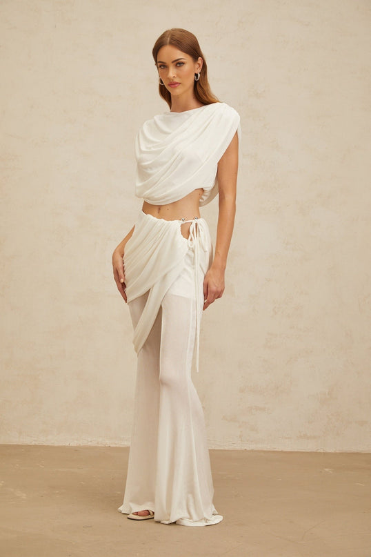White Bateau Neck Sleeveless Ruched Detailing Cropped Top and High Rise Asymmetrical Design Flared Hem Trousers in 100% Terylene Fiber