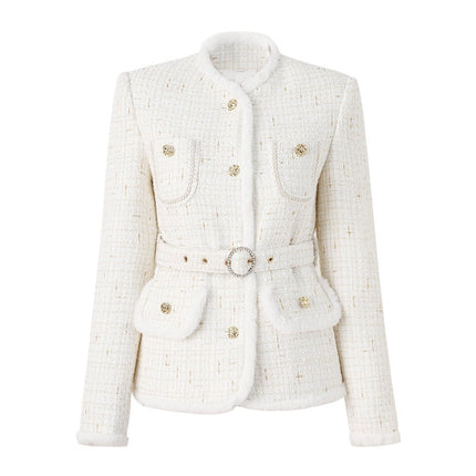 Elegant White Tweed Coat with Fur Trim and Gold Accents