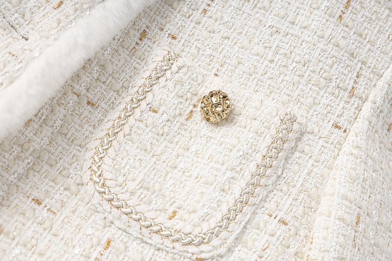 Elegant White Tweed Fur Trim Coat with Gold Accents
