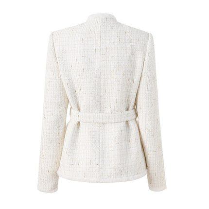 Elegant White Tweed Jacket with Fur Trim and Gold Accents