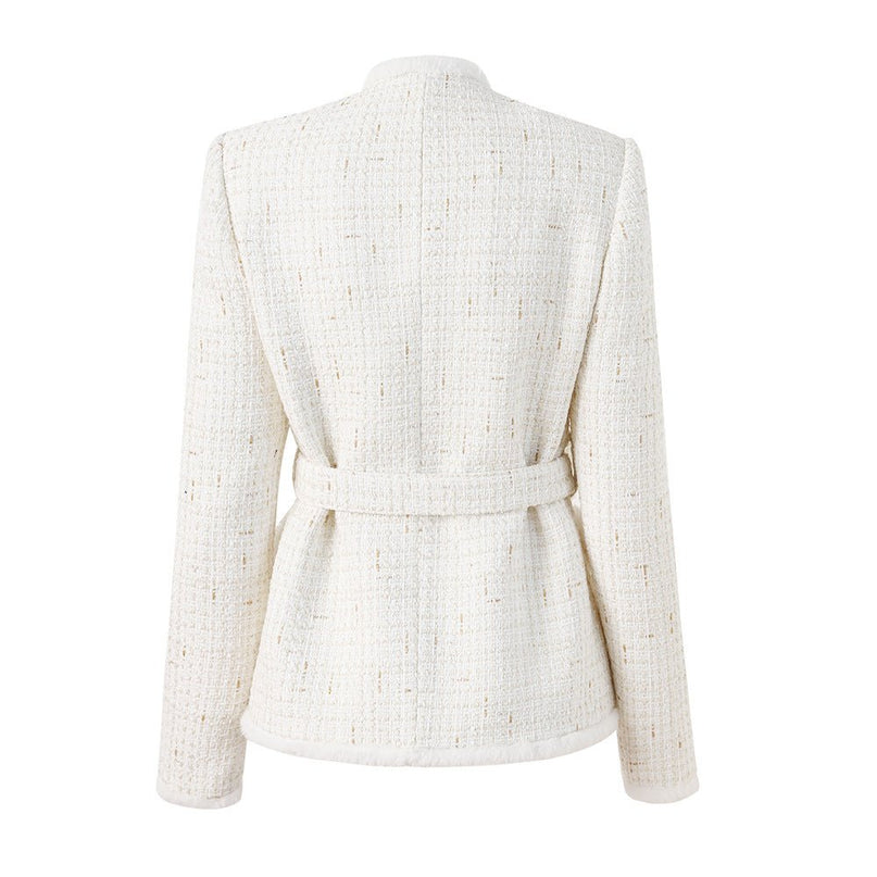 Elegant White Tweed Jacket with Fur Trim and Gold Accents