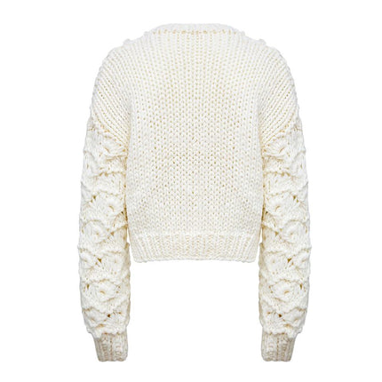 White V-Neck Cardigan Sweater with Bubble Sleeves and Sequin Embellishments for Women