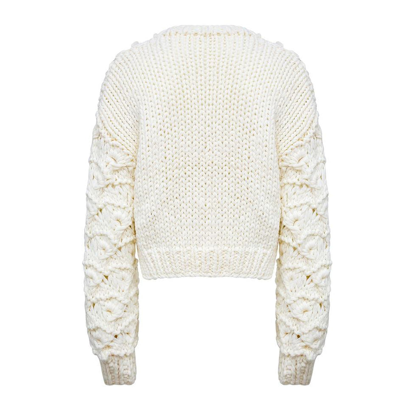 White V-Neck Cardigan Sweater with Bubble Sleeves and Sequin Embellishments for Women