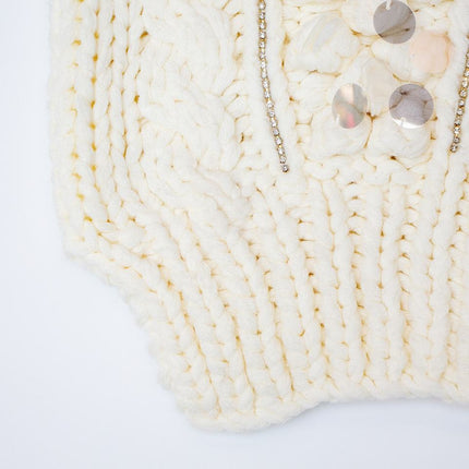 White V-Neck Cardigan Sweater with Bubble Sleeves and Sequin Embellishments