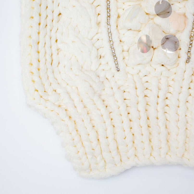 White V-Neck Cardigan Sweater with Bubble Sleeves and Sequin Embellishments