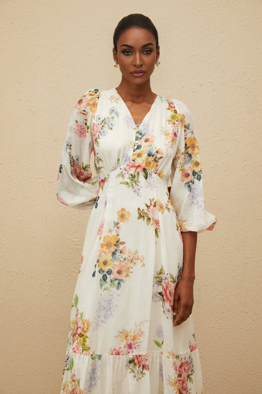 White V-Neck Floral Print Maxi Dress with Long Puff Sleeves