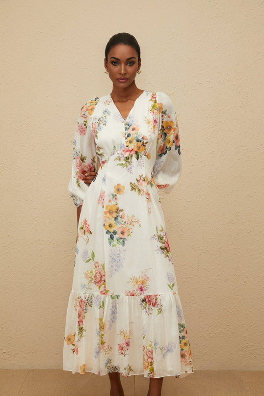 White V-neck Floral Print Maxi Dress with Long Puff Sleeves