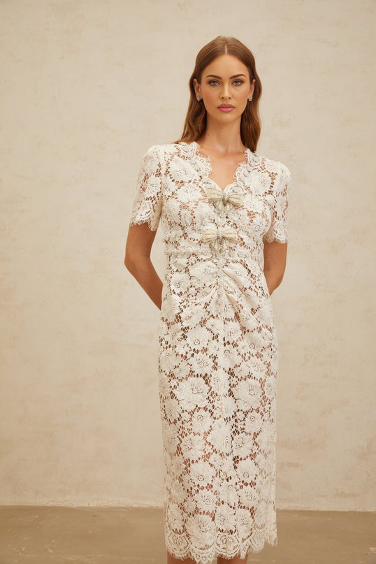 White V-neck Glitter Detailing Bow Brooch Frayed Edge Rhinestone & Bead Embellished Midi Dress