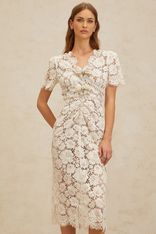 White V-Neck Glitter Detailing Bow Brooch Frayed Edge Rhinestone Bead Embellishment Midi Dress
