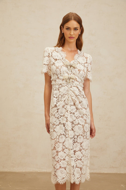 White V-Neck Short Sleeve Midi Dress with Glitter Detailing and Bow Brooch