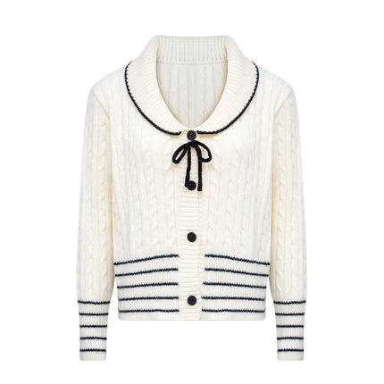 Alice White Varsity Button Sweater cable knit Peter Pan collar polyester cotton lightweight 220 grams striped pattern wool jacket