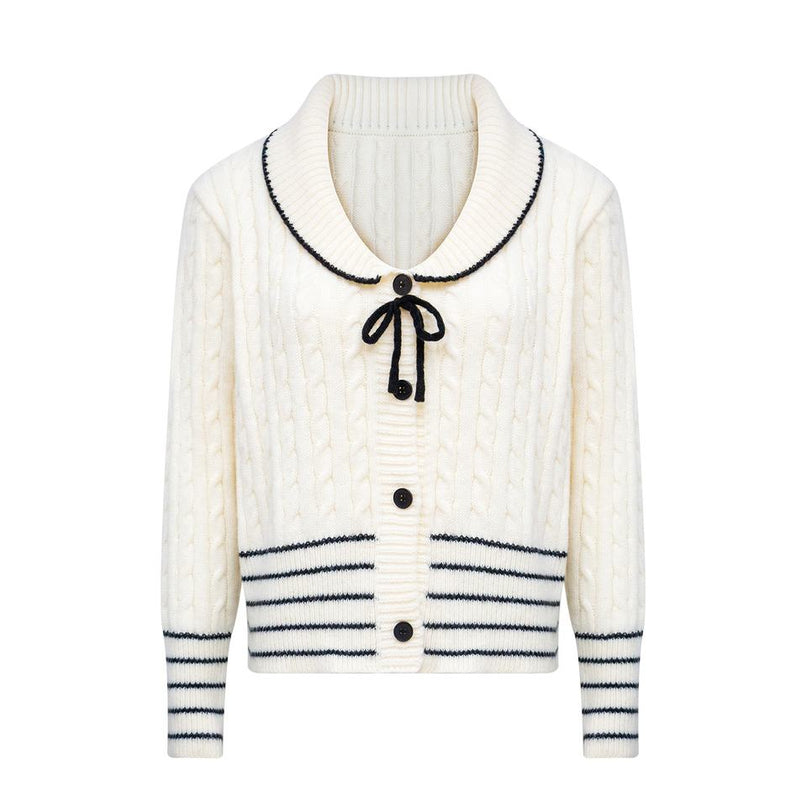 Alice White Varsity Button Sweater cable knit Peter Pan collar polyester cotton lightweight 220 grams striped pattern wool jacket