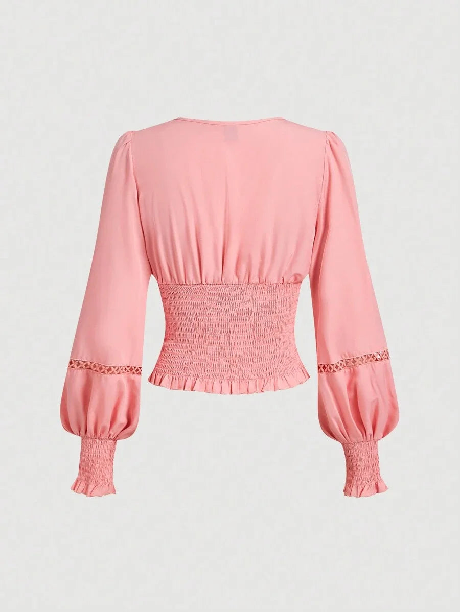 White Vintage Romantic Lace Trim Women Long Sleeve Blouse