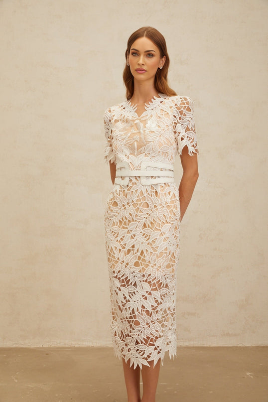 White V-neck belted lace pencil dress with floral embroidery