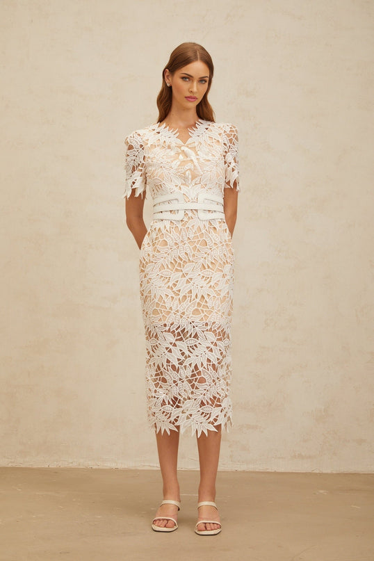 White V-neck belted waist pencil silhouette midi dress with floral embroidered detailing