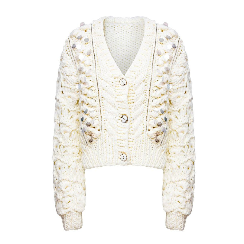 White V-neck cardigan sweater with bubble sleeves and sequin embellishments