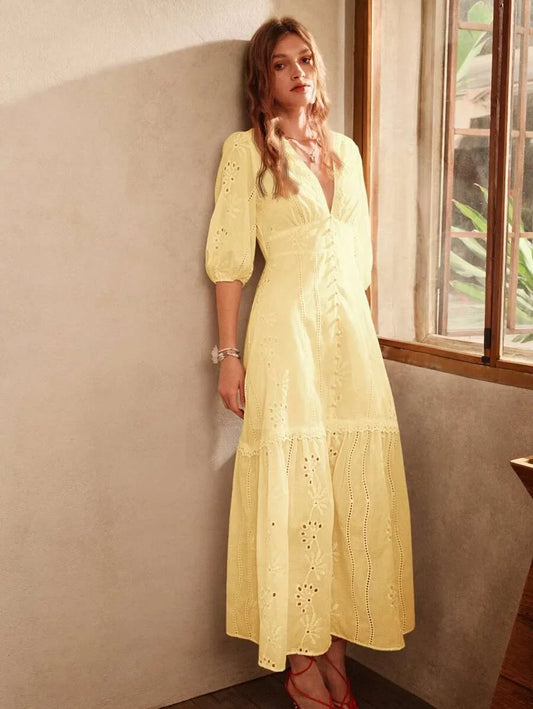 White VNeck Split Hem Floral Lace Dress
