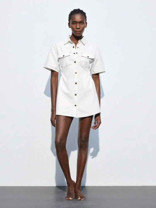 White Womens Denim Dress ShirtStyle Waist Dress Old Money Style Summer Dress