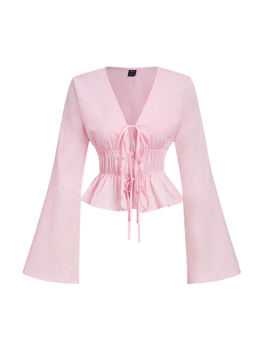 White Crop Top Womens Tie Front Flare Sleeve