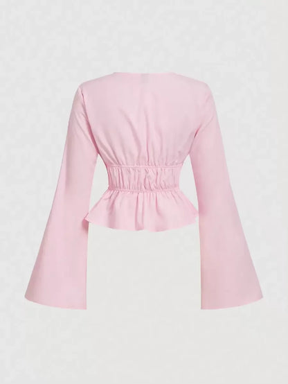White Crop Top Womens Tie Front Flare Sleeve