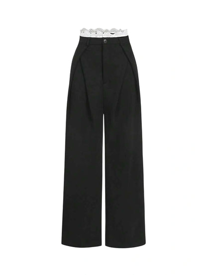 Wide Leg Pants With Lace Hem And Front PleatsUniformBaggy Wide Leg Office Wear Business Casual Work