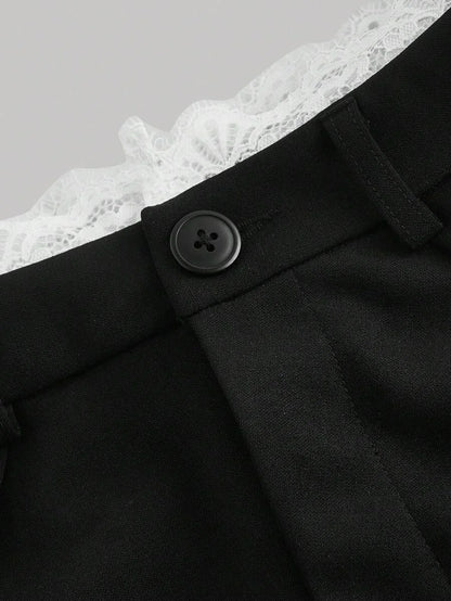 Wide Leg Pants With Lace Hem And Front PleatsUniformBaggy Wide Leg Office Wear Business Casual Work