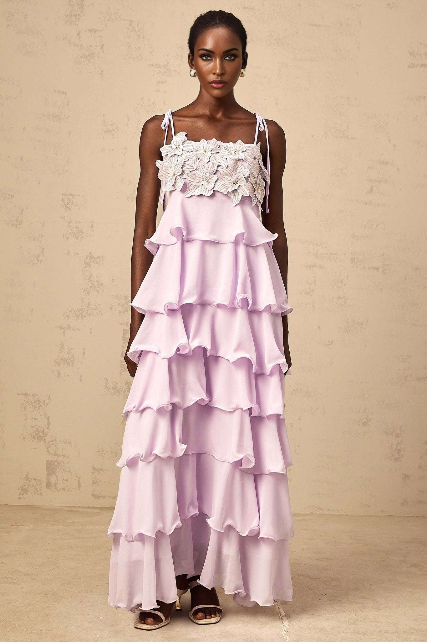 Wilhelmine purple sequined 3dpetal tiered maxi dress