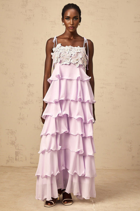 Wilhelmine purple sequined 3dpetal tiered maxi dress