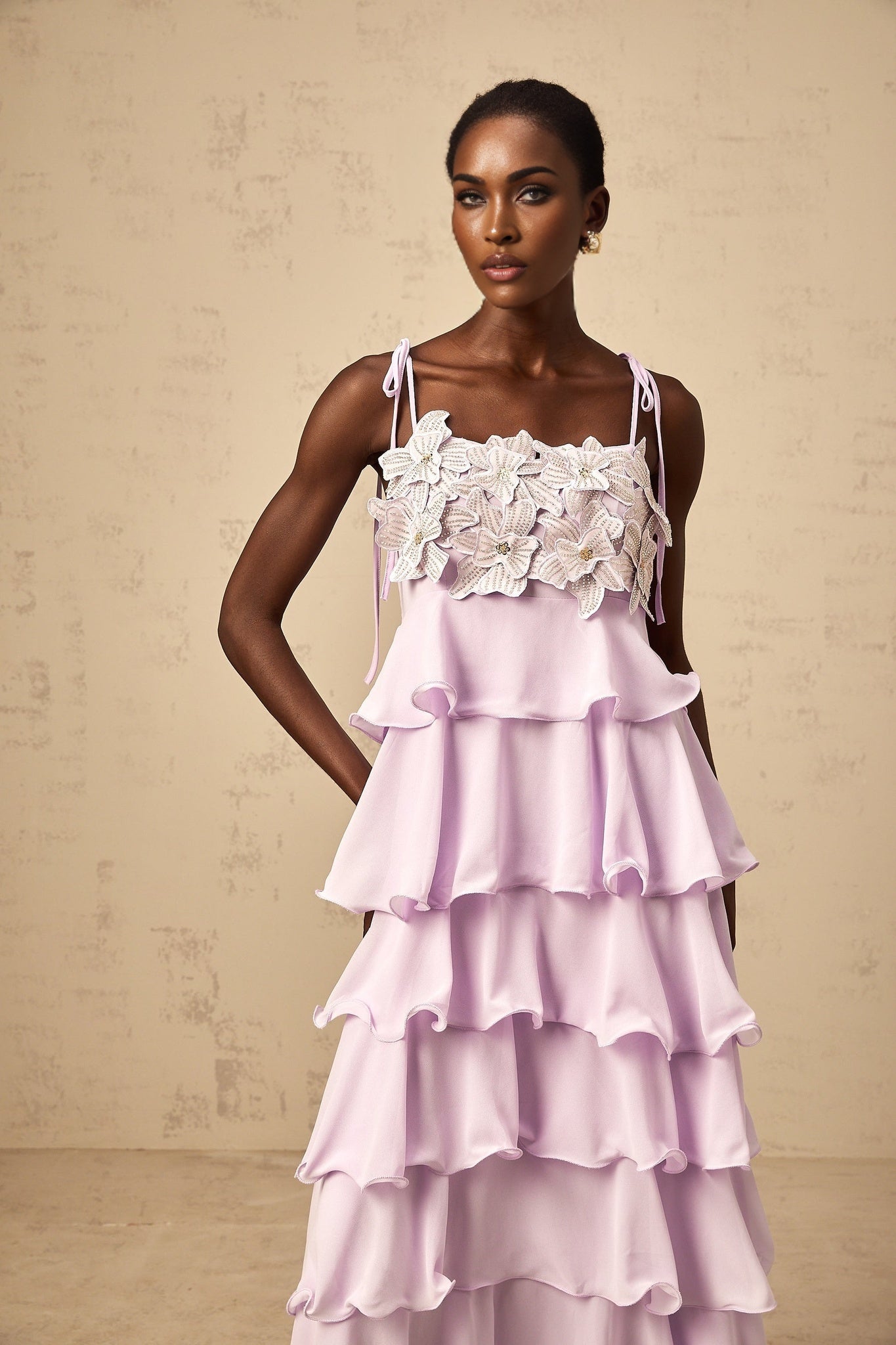 Wilhelmine purple sequined 3dpetal tiered maxi dress