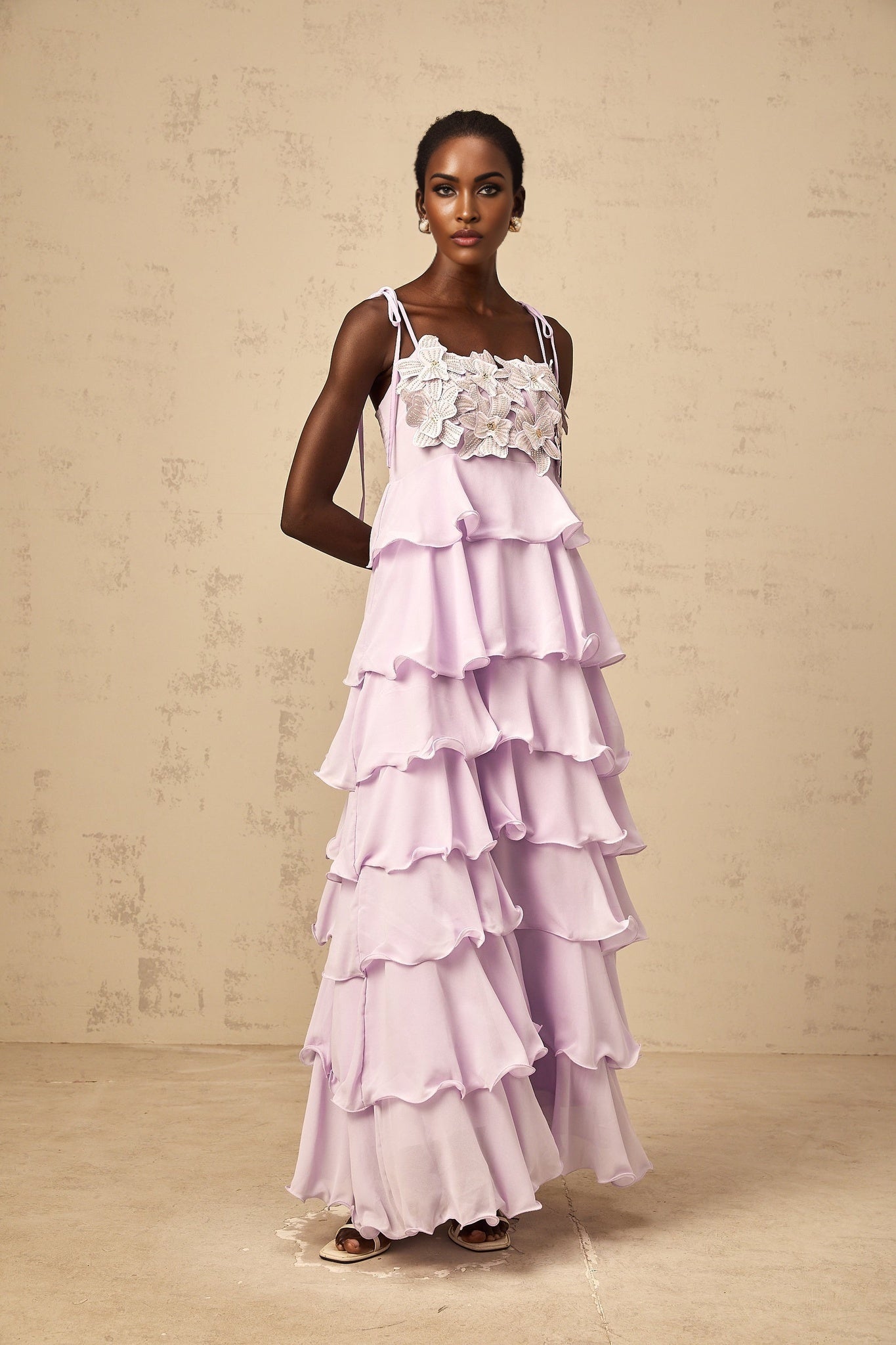 Wilhelmine purple sequined 3dpetal tiered maxi dress