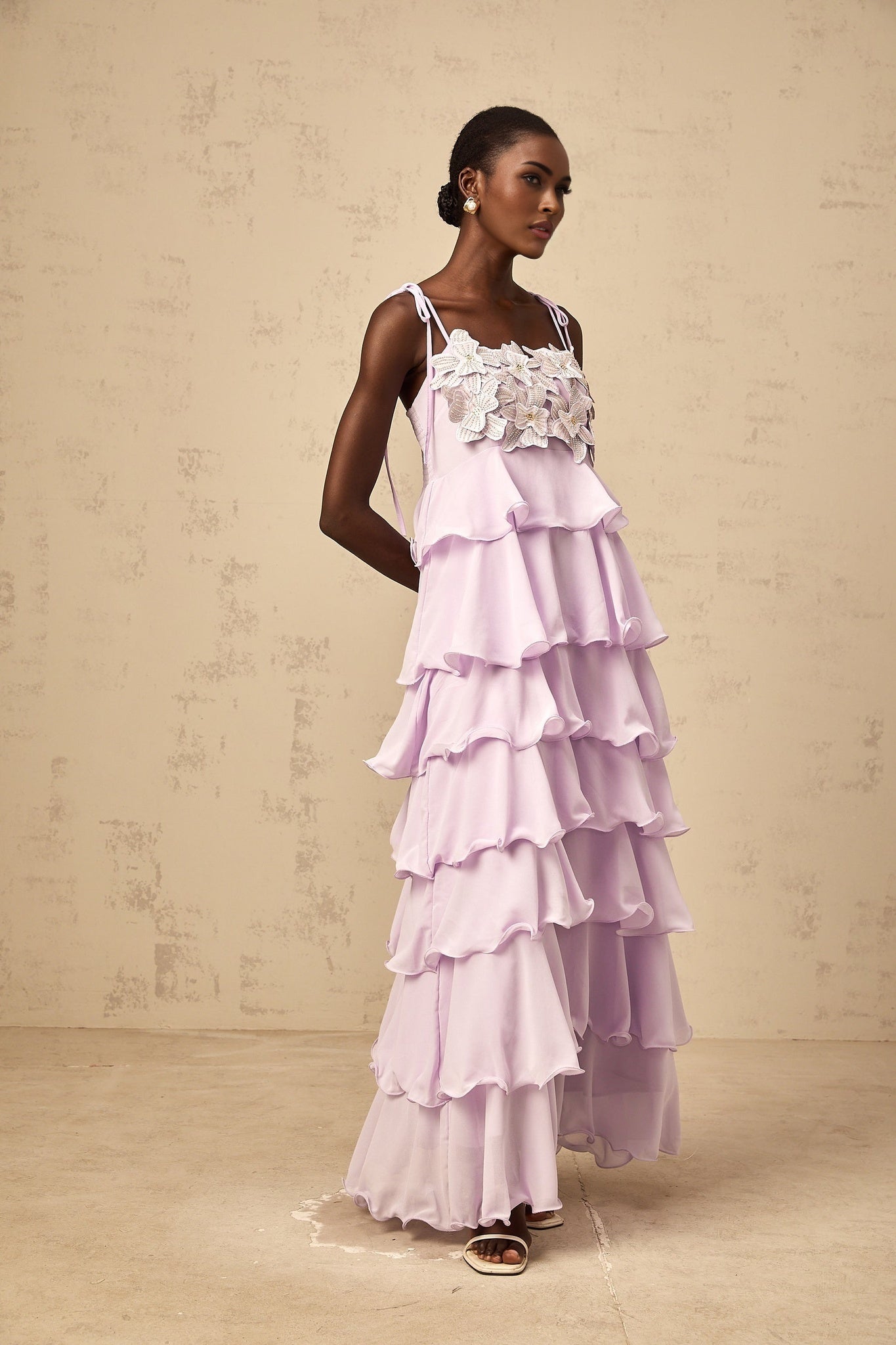Wilhelmine purple sequined 3dpetal tiered maxi dress