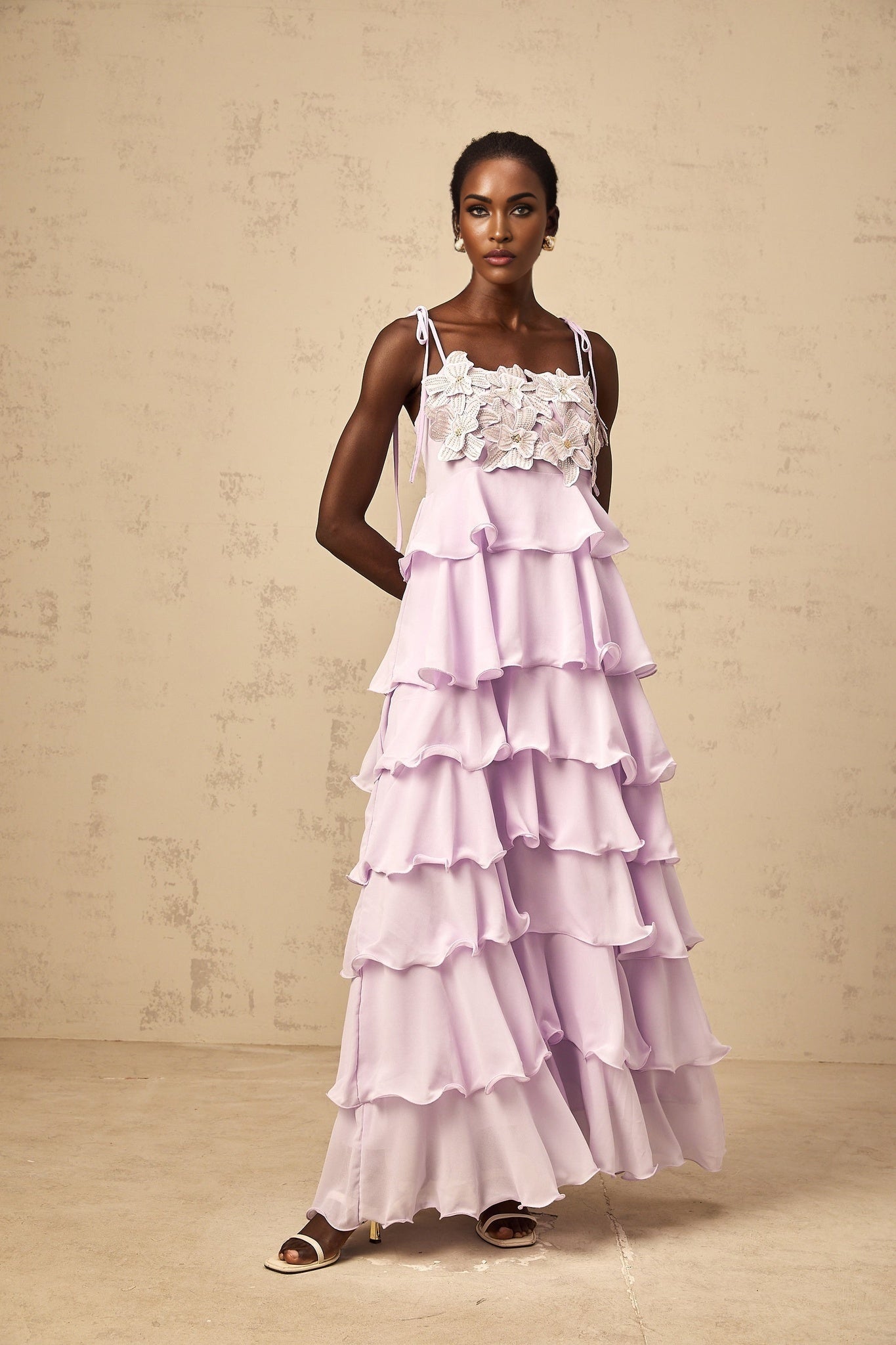 Wilhelmine purple sequined 3dpetal tiered maxi dress