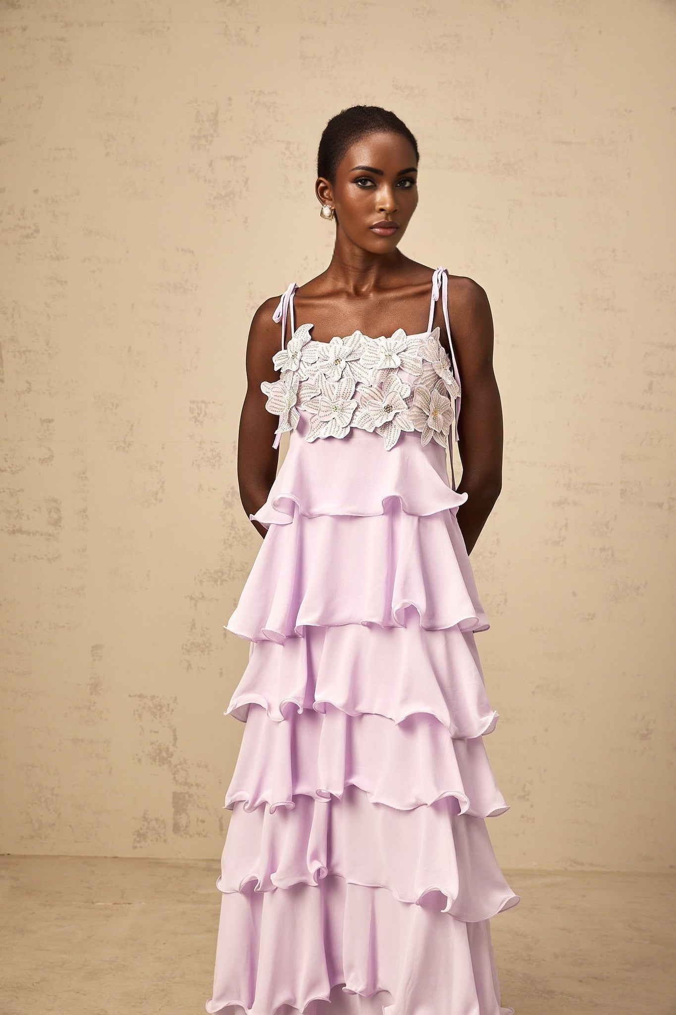 Wilhelmine purple sequined 3dpetal tiered maxi dress