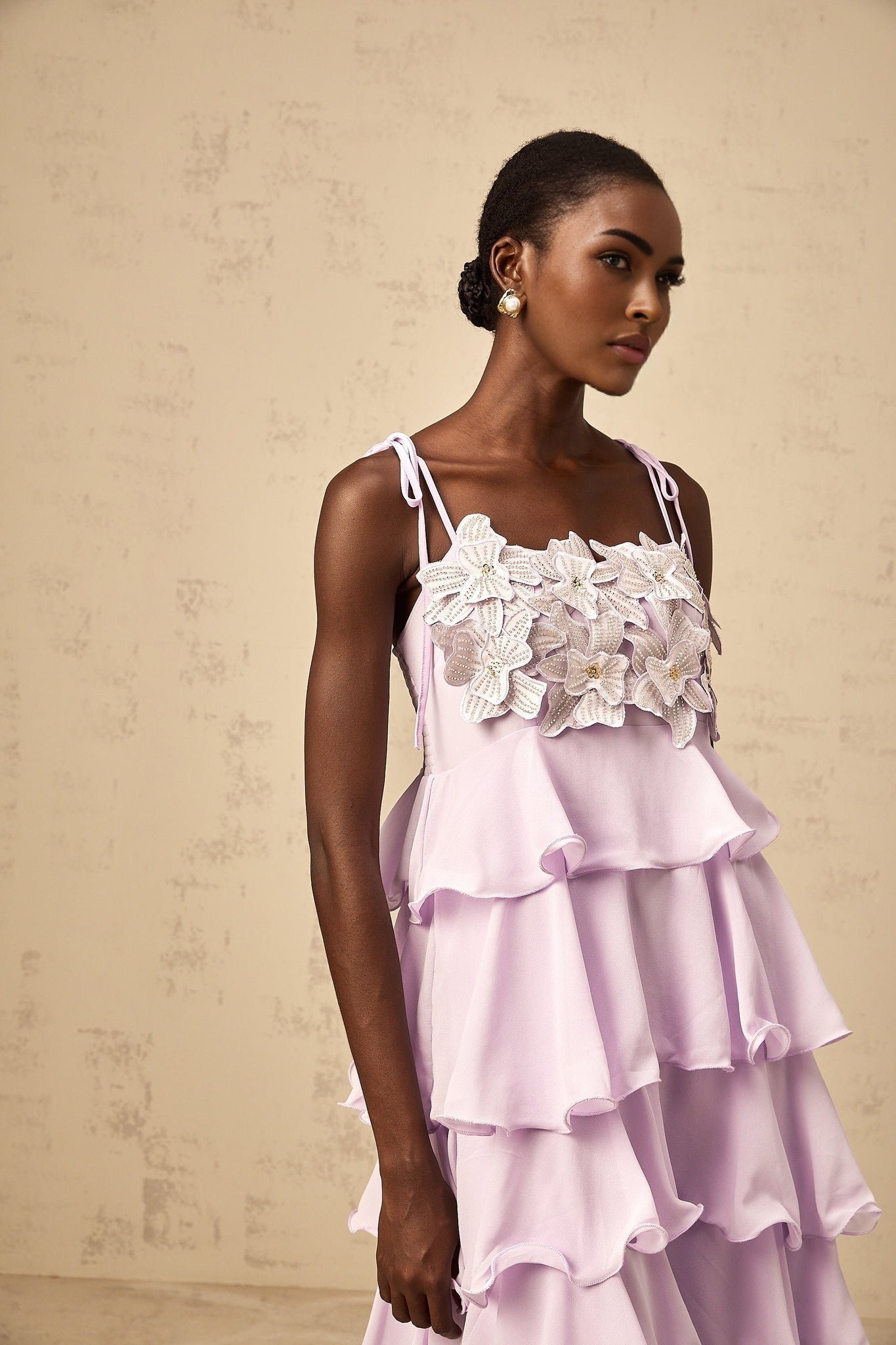 Wilhelmine purple sequined 3dpetal tiered maxi dress