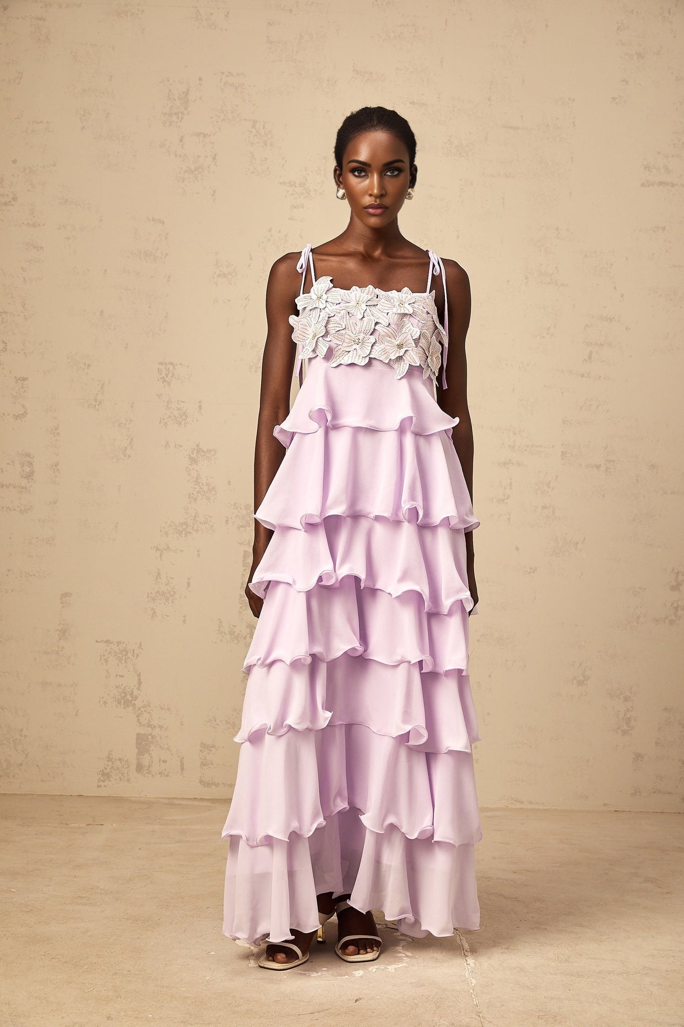 Wilhelmine purple sequined 3dpetal tiered maxi dress