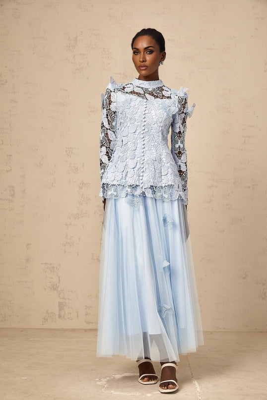 Willa Blue Guipure Lace Skirt and Top Set