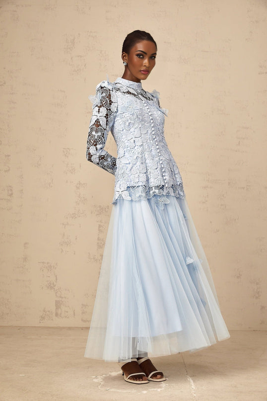 Willa Blue Guipure Lace Skirt Top Set