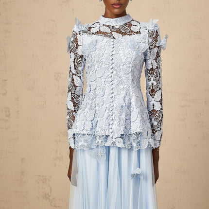 Willa Blue Guipure Lace Skirt Top Set