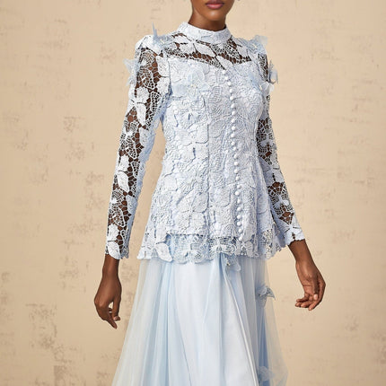 Willa Blue Guipure Lace Skirt Top Set