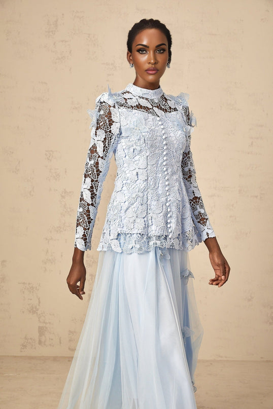 Willa Blue Guipure Lace Skirt Top Set