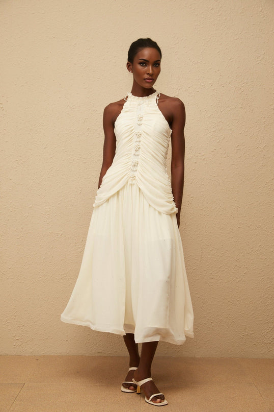 Willa White Faux Pearl Glitter Ruched Dress